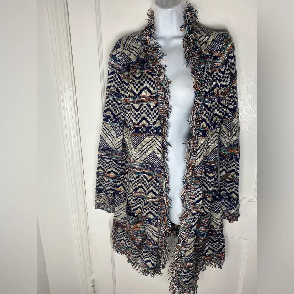 new directions Multicolor Fringe Open Front Cardigan - Cream, Navy, Brown, Teal - Picture 2 of 4